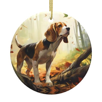 Tame Beagle Printed Ceramic Ornaments Round Christmas Ceramic Ornaments Suitable for Holiday Parties and Fireplace Decorations.