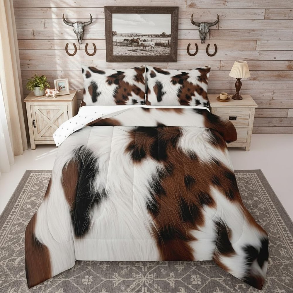 jejeloiu Cow Fur Print Comforter Set All Season Cowhide Bedding Set with 2 Pillow Cases Brown White Western Farm Animal Skin Microfiber Kids King Bedclothes Farmhouse Bedroom Decor Duvet Quilt Soft