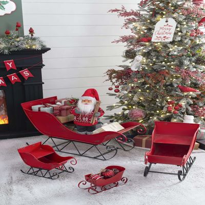 17.5 H Iron Santa Sleigh,Medium Christmas Sleigh Decor, Vintage Metal Outdoor Santa Sleigh for Yard Porch, Living Room Or Office Holiday Display, Red/Black Distressed Finish (Medium)