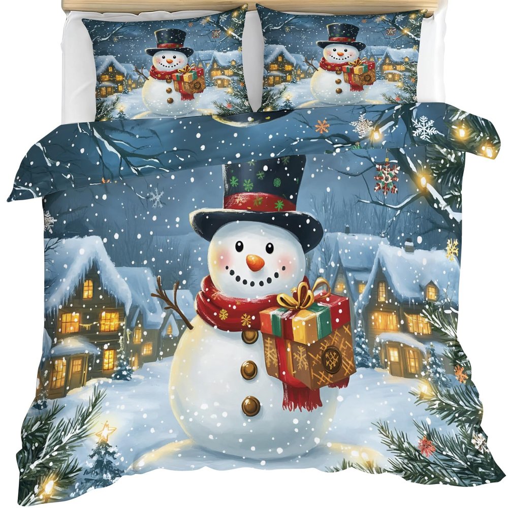 GKPLY Christmas Comforter Set Full, Snowman Bedding Set, Rustic Country Duvet Cover, 2 Pillow Cases, Zipper & Ties, Reversible Print Bedding Set & Home Decor
