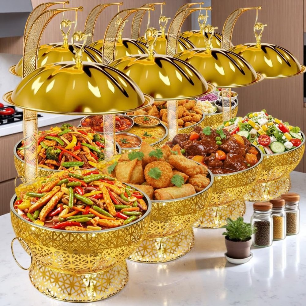 BCZPMY Gold Chafing Dishes for Buffet,8Qt Luxury Chafing Dishes with Hanging,Elegant Hollow-Out Buffet Warmer for Weddings, Parties, Catering & Events,8 Packs