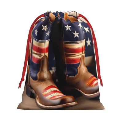 YQxwJL American Flag With Cowboy Boots Print Knot Christmas Gift Bag, Drawstrings Plush Xmas Candy Bags For Xmas Presents - Lsize