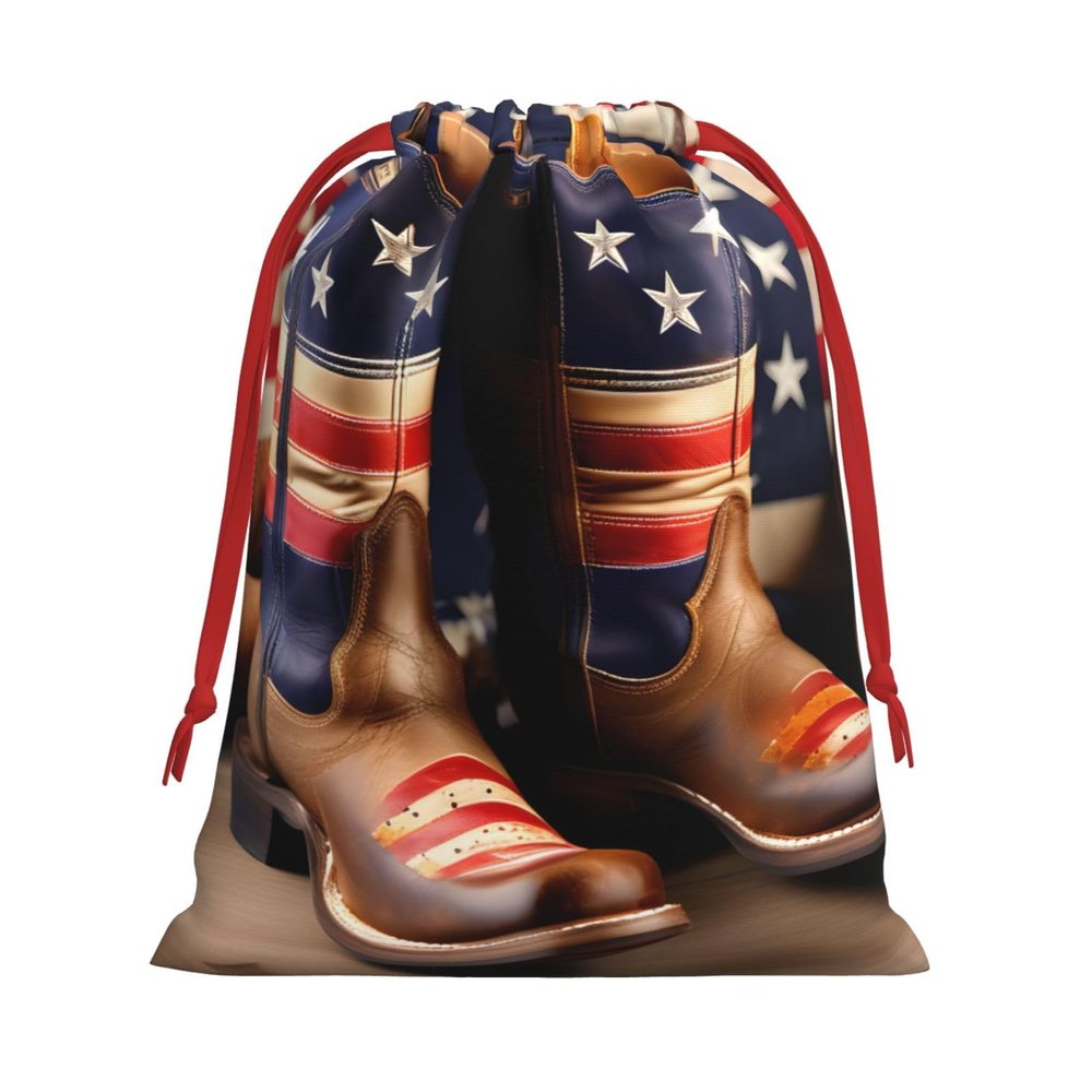 YQxwJL American Flag With Cowboy Boots Print Knot Christmas Gift Bag, Drawstrings Plush Xmas Candy Bags For Xmas Presents - Lsize