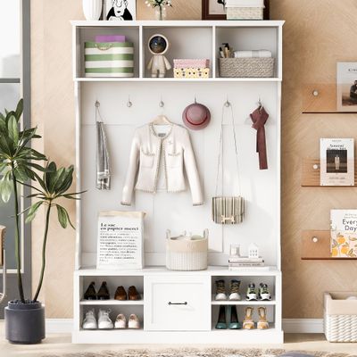 GOWE U-Can 57'' Hall Tree with 6 Hooks, Coat Hanger, Entryway Bench, 3-in-1 Design, A Spacious Drawer for Entrance, Living Room