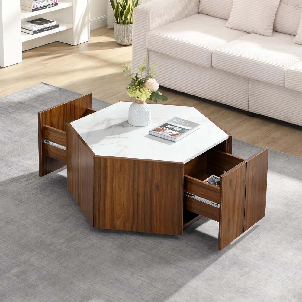 GOWE Hexagonal Rustic Retro Wood Coffee Table, with 2 Hidden Drawers, Textured White Marble Tops, Walunt Oak Finish - Perfect for Living Room & Reception Areas