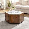 GOWE Hexagonal Rustic Retro Wood Coffee Table, with 2 Hidden Drawers, Textured White Marble Tops, Walunt Oak Finish - Perfect for Living Room & Reception Areas view 3