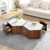 GOWE Hexagonal Rustic Retro Wood Coffee Table, with 2 Hidden Drawers, Textured White Marble Tops, Walunt Oak Finish - Perfect for Living Room & Reception Areas view 4