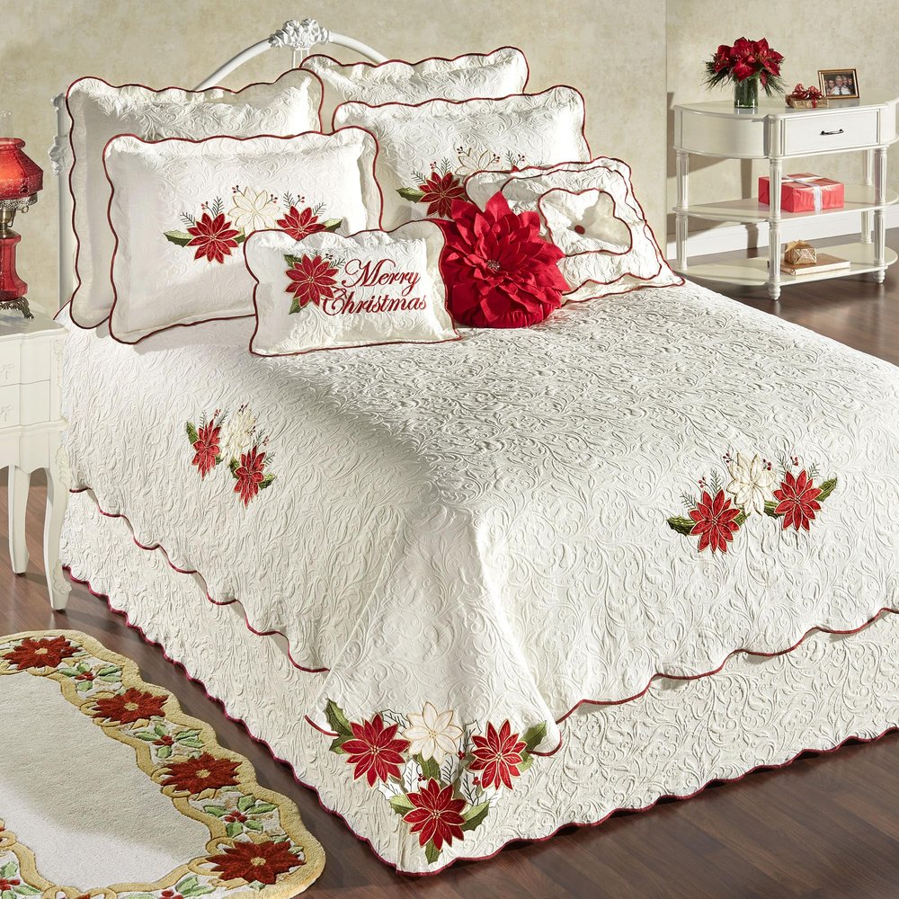 Poinsettia Holiday Floral Matelasse Bedding | Red and Ivory Velvet Flower Appliques | 11-Pc Bed Set: Oversized King Coverlet, Bedskirt, 2 King Shams, 2 Euro Shams, 2 Euro Inserts, & 3 Accent Pillows