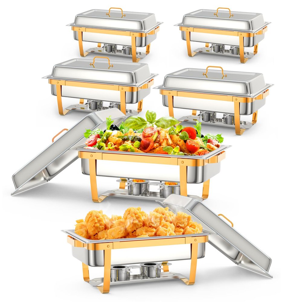 DQSPDBD Stainless Steel Chafing Dish Set, 6 Pack, Includes Lid Holder, Spoon, and Tweezers - Durable Buffet Set for Catering, Weddings, Parties, and Home Dining