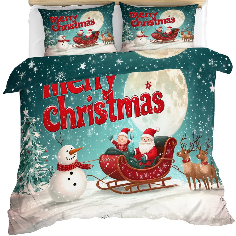 GKPLY Merry Christmas Comforter Cover, Cartoon Duvet Cover Set, Christmas Bedding & Home Decor, Zipper & Ties, Reversible Print Comforter Set & 2 Pillow Cases, California King