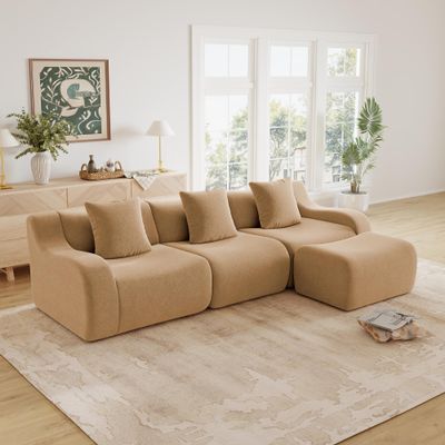 115.3 Inches Sectional Boneless Cloud Couch, Super Soft Comfortable Curved Armrest Deep Seat L Shaped Sofa with Pillow and Ottoman, Sectional Couches for Living Room, No Assembly Required