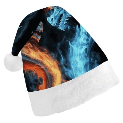 LOKLNEYK Christmas Hat for Adult Ice And Fire Dragons Holiday Santa Hat Comfort Xmas Hats Unisex Christmas Cap