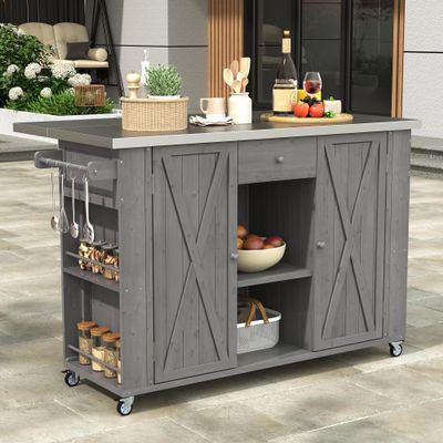 GOWE Outdoor Kitchen Island Fir Wood Kitchen Island with Stainless Steel Top, Ample Storage Space, Towel and Spice Racks and a Bottle Opener for Outdoor, Grey