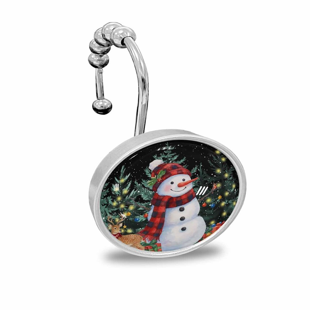 Shower Curtain Hooks Set of 12 Snowman Christmas Tree Gift Deer Decorative Rings for Bathroom Stainless Steel Rustproof Roller Shower Curtain Hangers for Bathtub