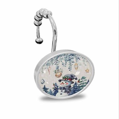 Shower Curtain Hooks Set of 12 Christmas Snowman Blue Pine Trees Linen Decorative Rings for Bathroom Stainless Steel Rustproof Roller Shower Curtain Hangers for Bathtub