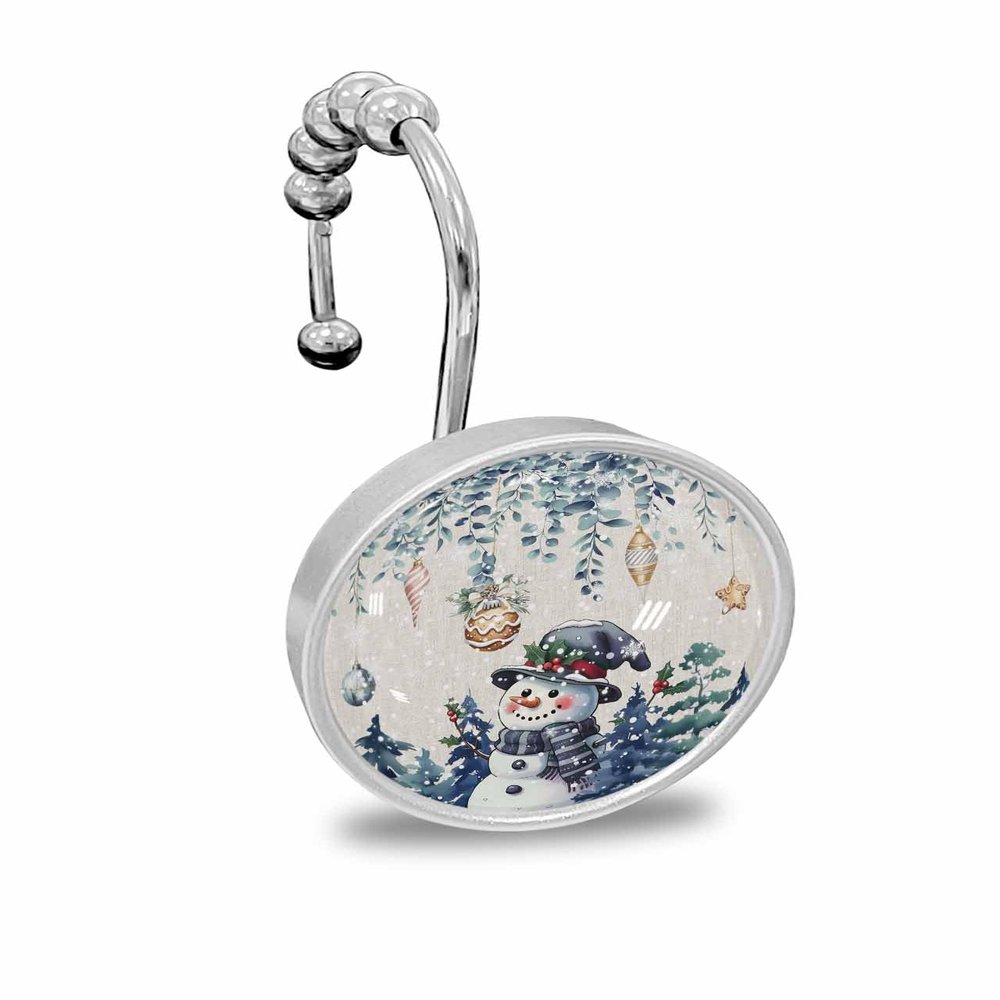 Shower Curtain Hooks Set of 12 Christmas Snowman Blue Pine Trees Linen Decorative Rings for Bathroom Stainless Steel Rustproof Roller Shower Curtain Hangers for Bathtub