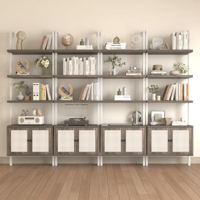 Airynee Ladder Bookshelf, 4 Tier Book Shelf with Rattan Cabinet, Wall Mount Bookshelves and Bookcases with Metal Frame, Anti Dump, Tall Bookcase for Living Room, Home Office, Bedroom Gray 4pcs