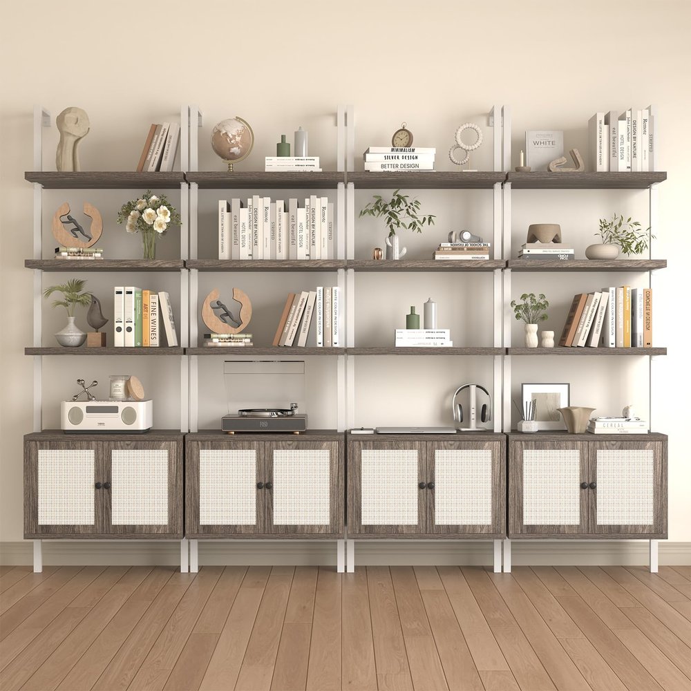 Airynee Ladder Bookshelf, 4 Tier Book Shelf with Rattan Cabinet, Wall Mount Bookshelves and Bookcases with Metal Frame, Anti Dump, Tall Bookcase for Living Room, Home Office, Bedroom Gray 4pcs