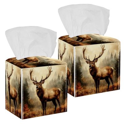 2 Pack Tissue Box Cover Square, Forest Deer Leather Tissue Case Holder Facial Paper Organizer Dispenser Decorative for Tabletop Night Stands Desk Bathroom Kitchen Car Office Home Decor