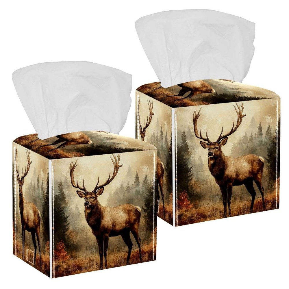 2 Pack Tissue Box Cover Square, Forest Deer Leather Tissue Case Holder Facial Paper Organizer Dispenser Decorative for Tabletop Night Stands Desk Bathroom Kitchen Car Office Home Decor