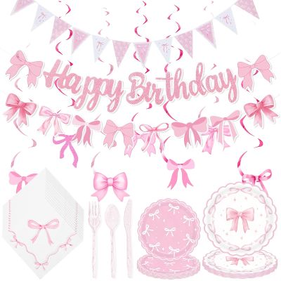 79 Pcs Pink Bow Birthday Party Supplies Serve 10,Pink Bow Birthday Decorations,Coquette Birthday Party Decorations Include Pink Bow Triangle Hanging Swirls Banner Napkins Theme Tableware