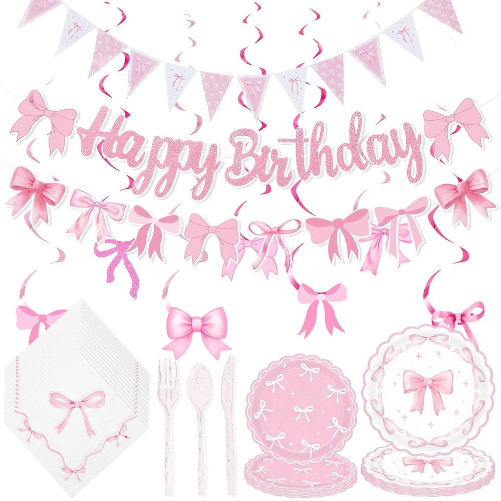 79 Pcs Pink Bow Birthday Party Supplies Serve 10,Pink Bow Birthday Decorations,Coquette Birthday Party Decorations Include Pink Bow Triangle Hanging Swirls Banner Napkins Theme Tableware