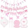 79 Pcs Pink Bow Birthday Party Supplies Serve 10,Pink Bow Birthday Decorations,Coquette Birthday Party Decorations Include Pink Bow Triangle Hanging Swirls Banner Napkins Theme Tableware view 1