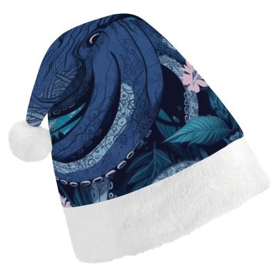 Ouyniei Blue Octopus Tentacles Illustration Christmas Hat for Adults Unisex Comfort Santa Hats Plush Xmas Hat for New Year Festive Holiday Party Headwear