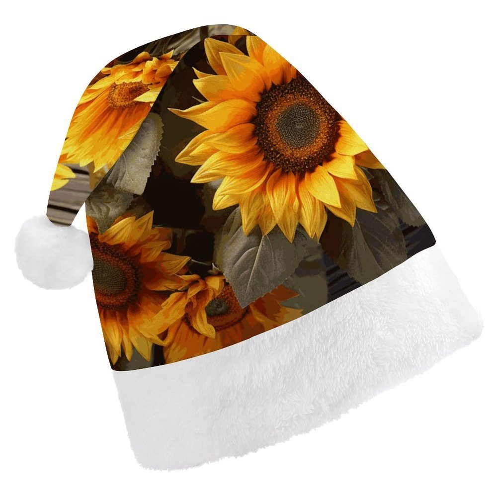 Ouyniei Plants Theme Sunflower Christmas Hat for Adults Unisex Comfort Santa Hats Plush Xmas Hat for New Year Festive Holiday Party Headwear