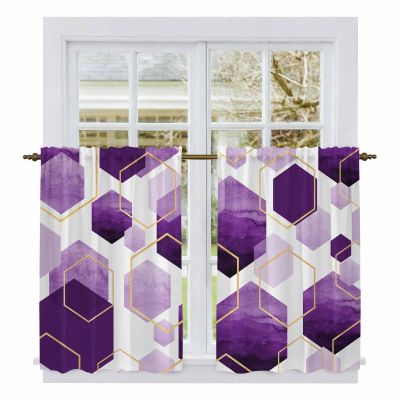 Liremdnso Purple Geometric Kitchen Curtains, Gold White Hexagon Modern Light Filtering Window Curtain Panels, 2Pcs Rod Pocket Window Treatments Set for Study Room Bathroom Bedroom 52x54 Inches