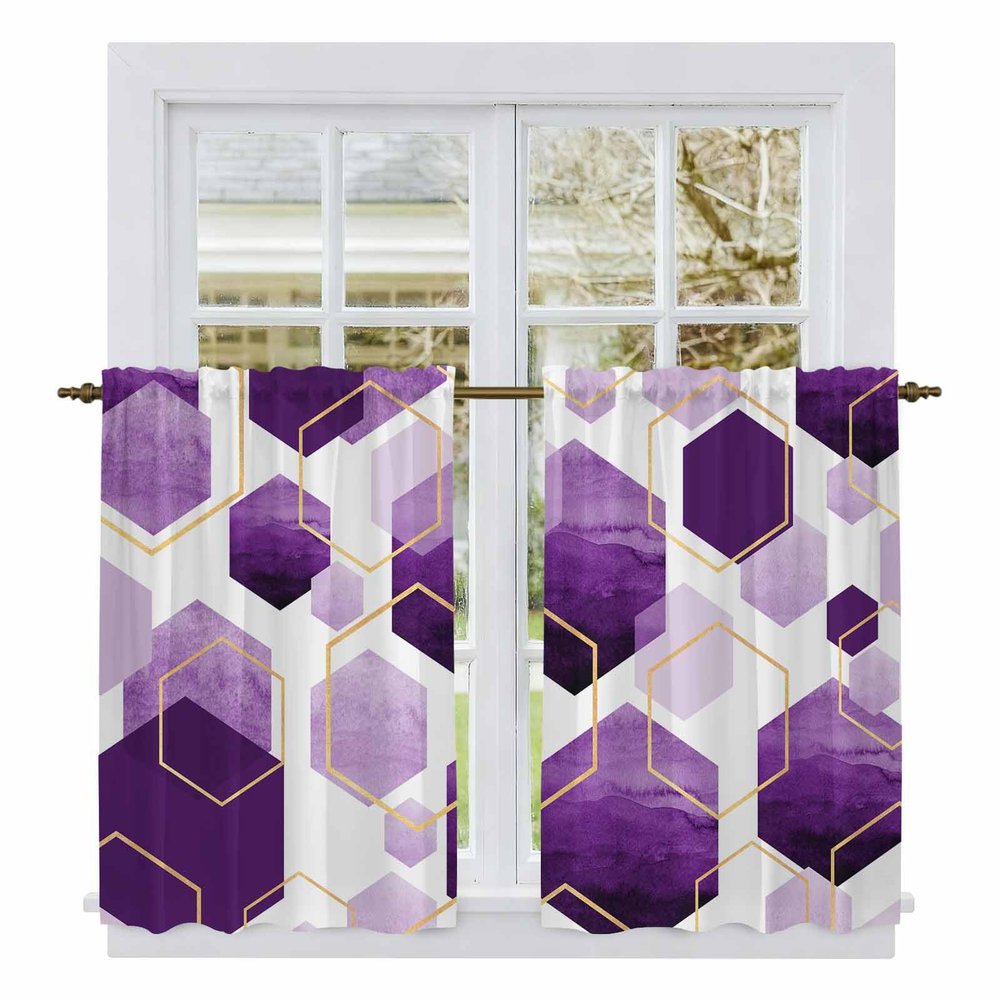 Liremdnso Purple Geometric Kitchen Curtains, Gold White Hexagon Modern Light Filtering Window Curtain Panels, 2Pcs Rod Pocket Window Treatments Set for Study Room Bathroom Bedroom 52x54 Inches
