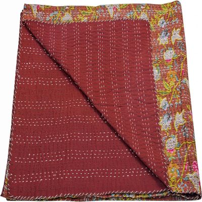 Arprani Kantha Quilts for Sale- Handmade Indian Vintage Kantha Quilts- Throw Pillows for Couch- Floral Throw Blanket- Organic Cotton Blanket