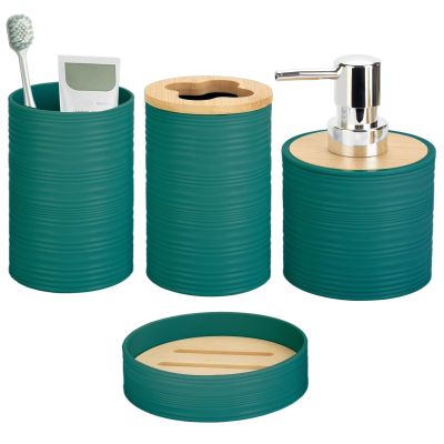 Bathroom Sets 4 Pieces Bamboo Accessory Soap Dispenser and Toothbrush Holder Dish and Cup Boho Decor Coastal Decor(Emerald Green)