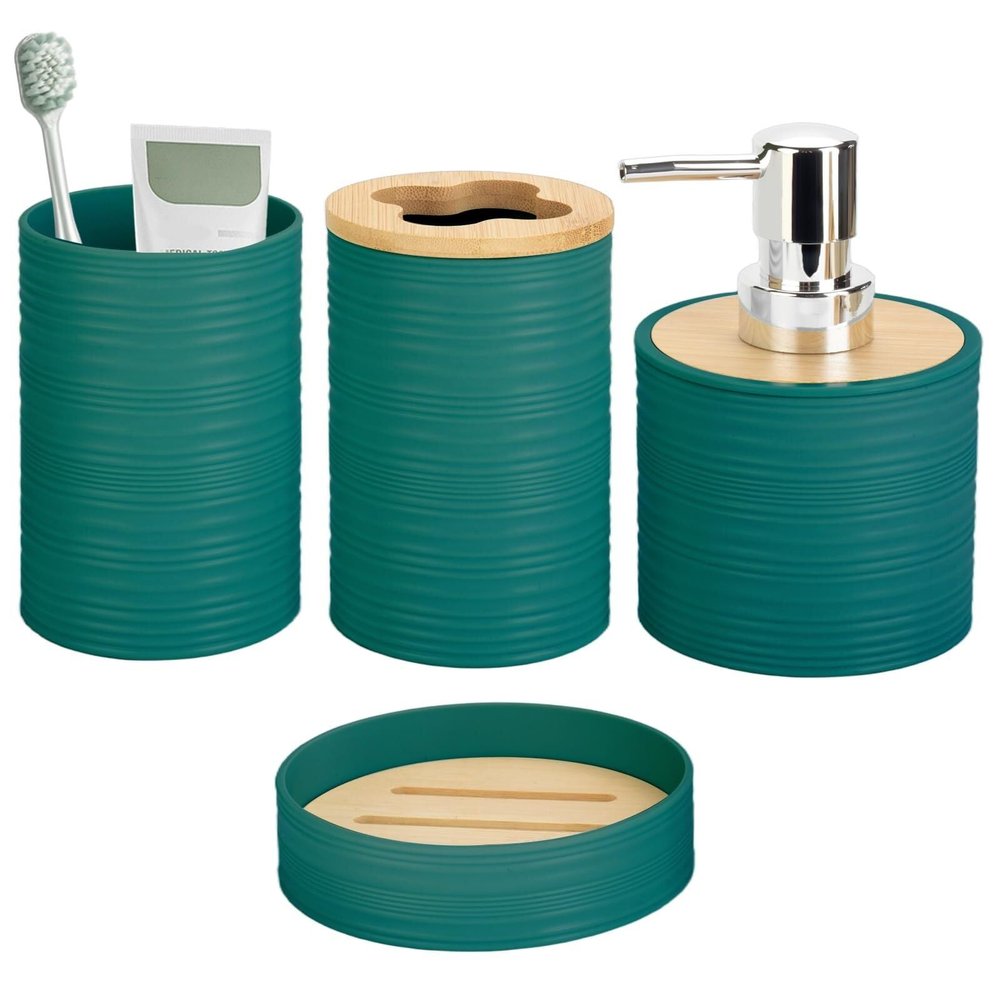 Bathroom Sets 4 Pieces Bamboo Accessory Soap Dispenser and Toothbrush Holder Dish and Cup Boho Decor Coastal Decor(Emerald Green)