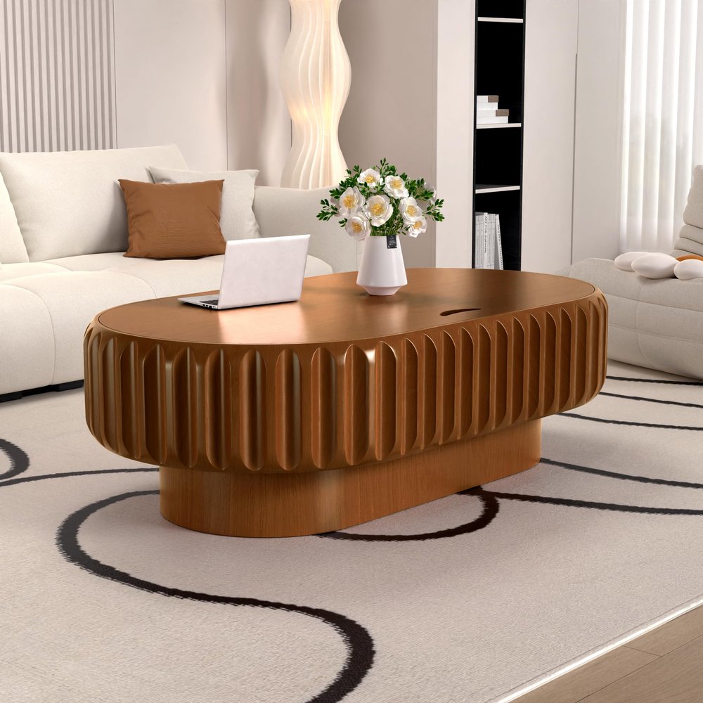 43.3" Oval Coffee Table with Storage, Fluted Coffee Table with Solid Wood Veneered, Mid Century Modern Wooden Center Table, Accent Tea Table for Living Room Apartment(A Brown 43.3 in)