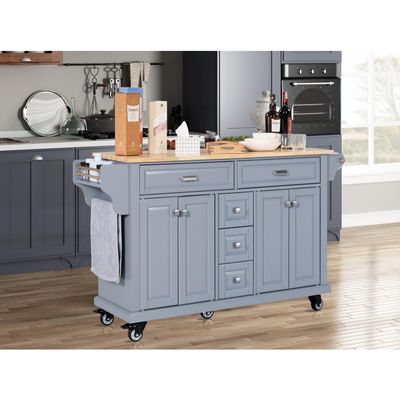 Kitchen Island with Rubberwood Countertop & 5-Wheel Kitchen Cart - Grey