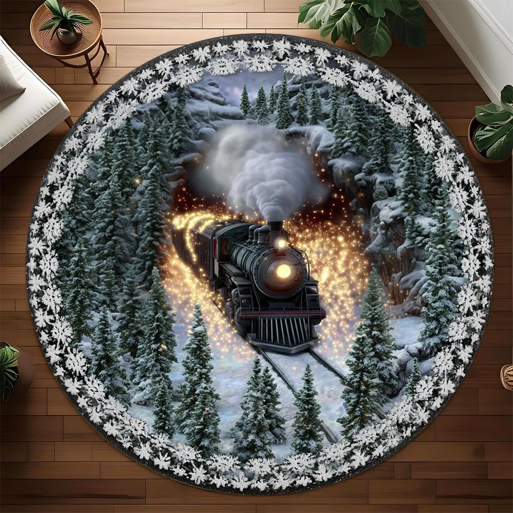 3D Illusion Christmas Round Rug Holiday Optical Print Carpet for Living Room, Bedroom & Entryway | Non-Slip Festive Floor Mat with Santa Home Decor (Winter Express)
