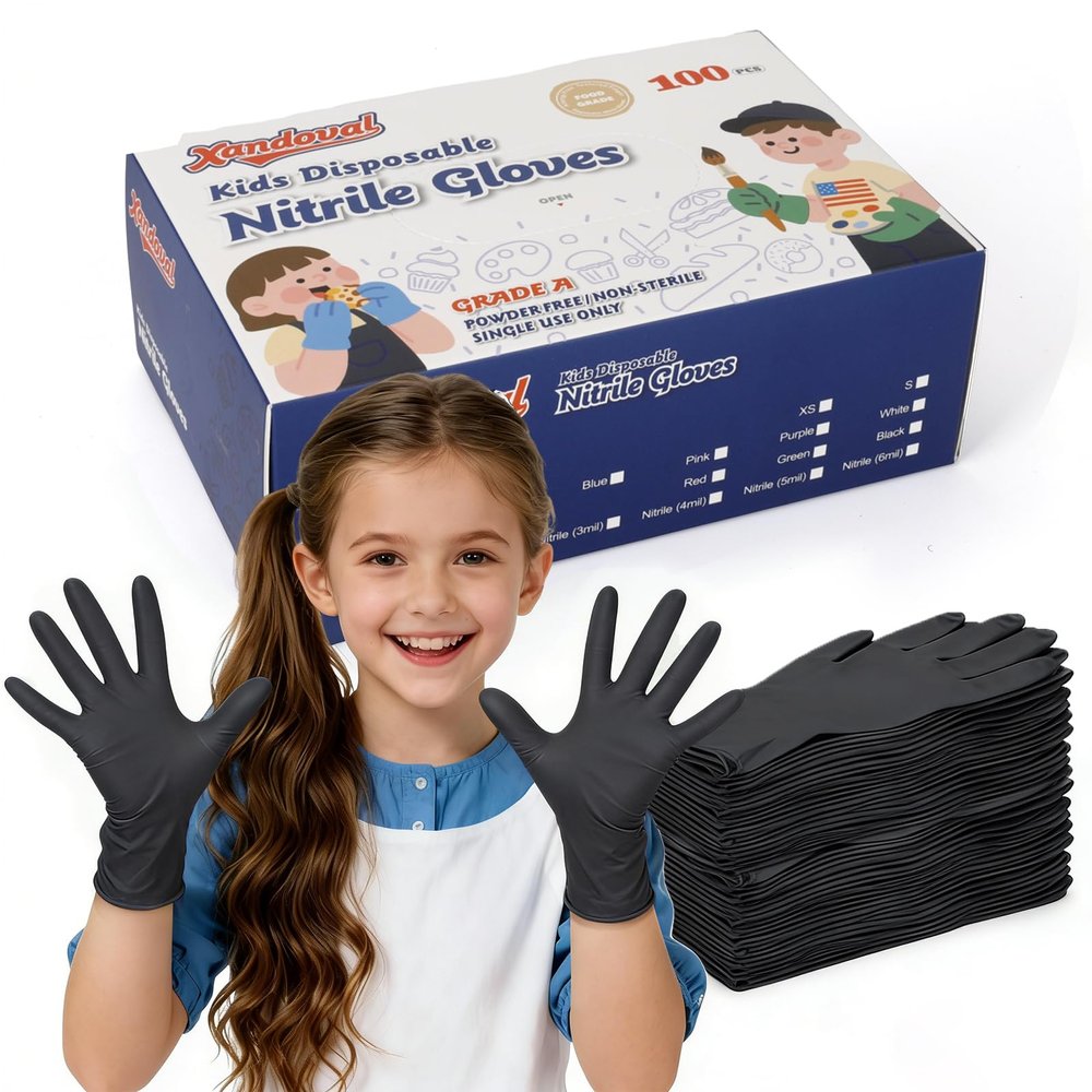 Xandoval Kids Disposable Gloves for 4-8 Years, 5Mil Small Black Nitrile Gloves for Work, Cleaning, Cooking, GardeningLatex-Free and Powder-Free(XS,100PCS)