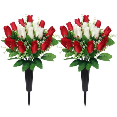 2 Sets Artificial Cemetery Flowers with Vase Memorial Flowers Bouquet & Heavy-Ground Spike Vases Fade-Proof, Windproof Grave Memorial Flowers for Cemetery Headstones Decoration (Red white)