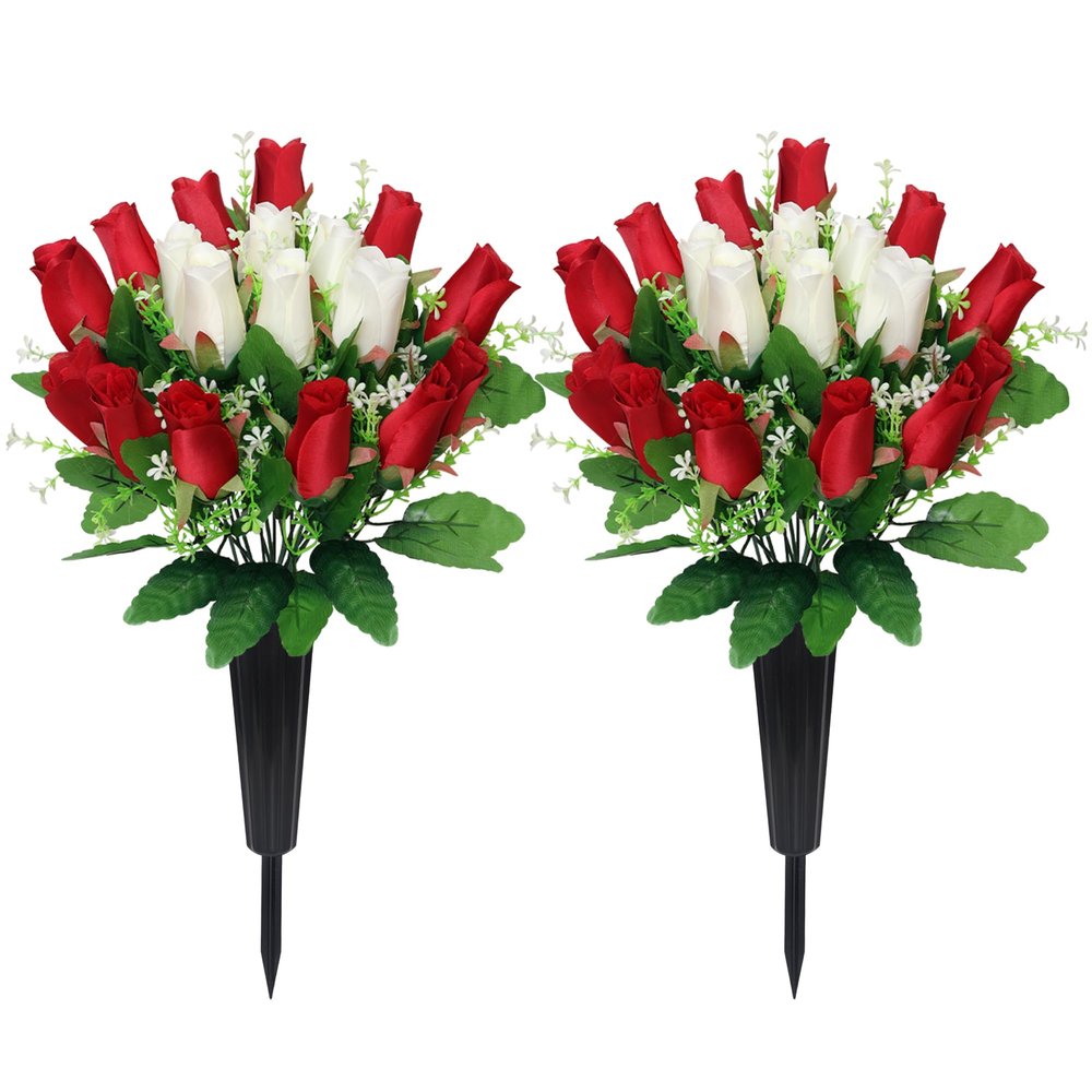 2 Sets Artificial Cemetery Flowers with Vase Memorial Flowers Bouquet & Heavy-Ground Spike Vases Fade-Proof, Windproof Grave Memorial Flowers for Cemetery Headstones Decoration (Red white)