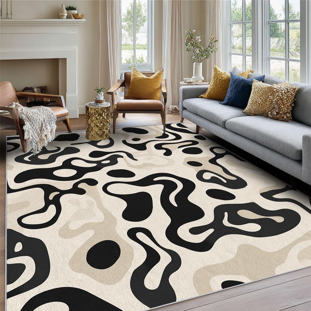 Abstract Rug, 5x8 Area Rugs Beige Grey Black Eclectic Pattern for Living Room, Bedroom, Abstract Home Decor Accessories Indoor Carpet, Non Slip & Machine Washable