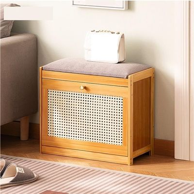 Stool, Entryway Shoe Bench 2-Tier Wood Storage Cabinet with Linen Padded Seat Changing Stool with Mesh Doors
