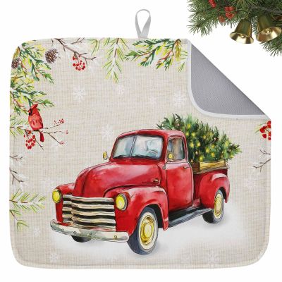 Merry Christmas Red Truck Xmas Tree Dish Drying Mats for Kitchen Counter,Absorbent Microfiber Dish Drainer Rack Mat Bird Pine Needle on Linen Drying Pad for Sinks,Utensils,Countertops,18x24in