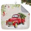 Merry Christmas Red Truck Xmas Tree Dish Drying Mats for Kitchen Counter,Absorbent Microfiber Dish Drainer Rack Mat Bird Pine Needle on Linen Drying Pad for Sinks,Utensils,Countertops,18x24in view 1
