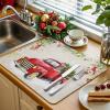Merry Christmas Red Truck Xmas Tree Dish Drying Mats for Kitchen Counter,Absorbent Microfiber Dish Drainer Rack Mat Bird Pine Needle on Linen Drying Pad for Sinks,Utensils,Countertops,18x24in view 3