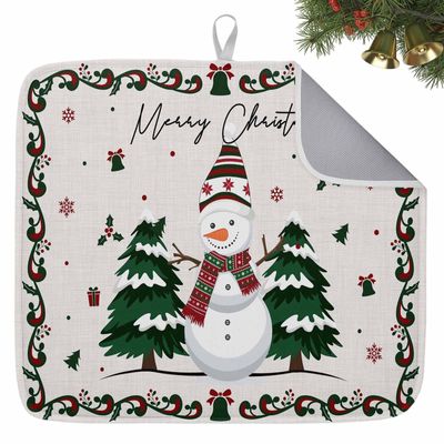 Winter Snowman Christmas Tree Dish Drying Mats for Kitchen Counter,Absorbent Microfiber Dish Drainer Rack Mat Xmas Bell Snowflake Berry Drying Pad for Sinks,Utensils,Countertops,16x18in