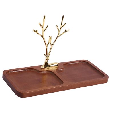PawwJoy Bamboo Jewelry Dish Organizer with Deer Ornament, Entryway Tray Holder Key Rack for Bracelets Desk Phone Keys, 11.02x4.72x6.69 inch