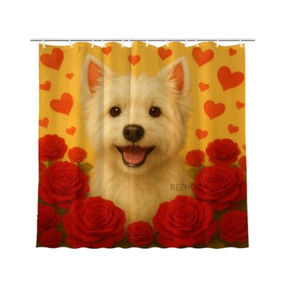 REZHOCH Valentines White Terrier Shower Curtain Durable Waterproof Fabric Cute Dog with Roses Hearts Romantic Pet Art Animal Home Bathroom Decor Love Theme 72x72 with 12 Hooks