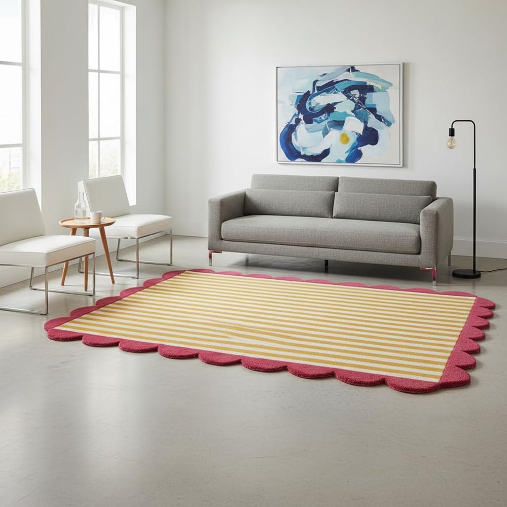 Hand-Tufted Wool Area Rug with Scalloped Edges Plaid Pattern | Soft & Cozy Handmade Accent Carpet for Living Room, Bedroom & Nursery | Decorative Wool Rug (Rust, 5' x 7')