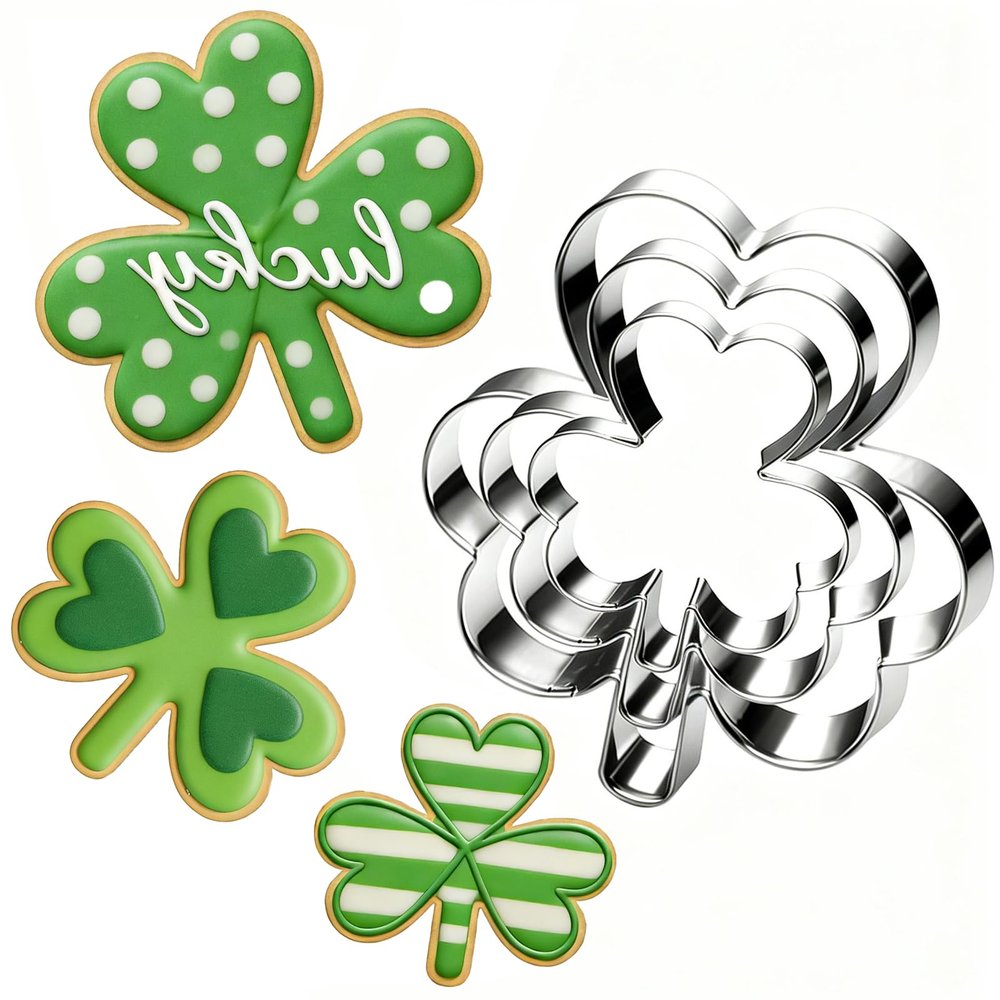 3 PCS St. Patrick's Day Cookie Cutter Set Clover Shaped Stainless Steel Cookie Cutter Irish Holiday Party Baking Kit for making cookies,breads,Biscuit,Vegetable,Fondant,Dough,Fruit 4.5'',3.4'',2.5''